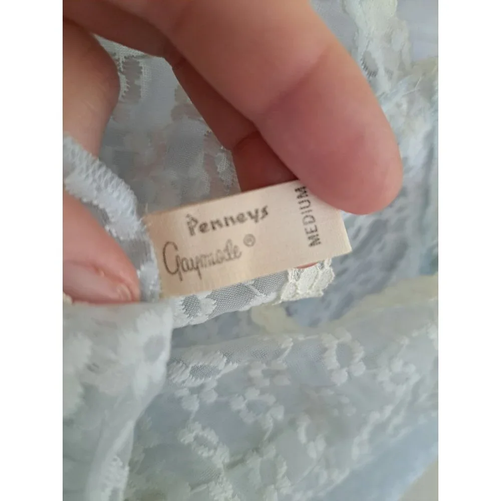 Vintage Penneys Gaymode Sheer Blue Floral Lace Nightgown V-Neck Ivory Trim Med - Picture 6 of 10